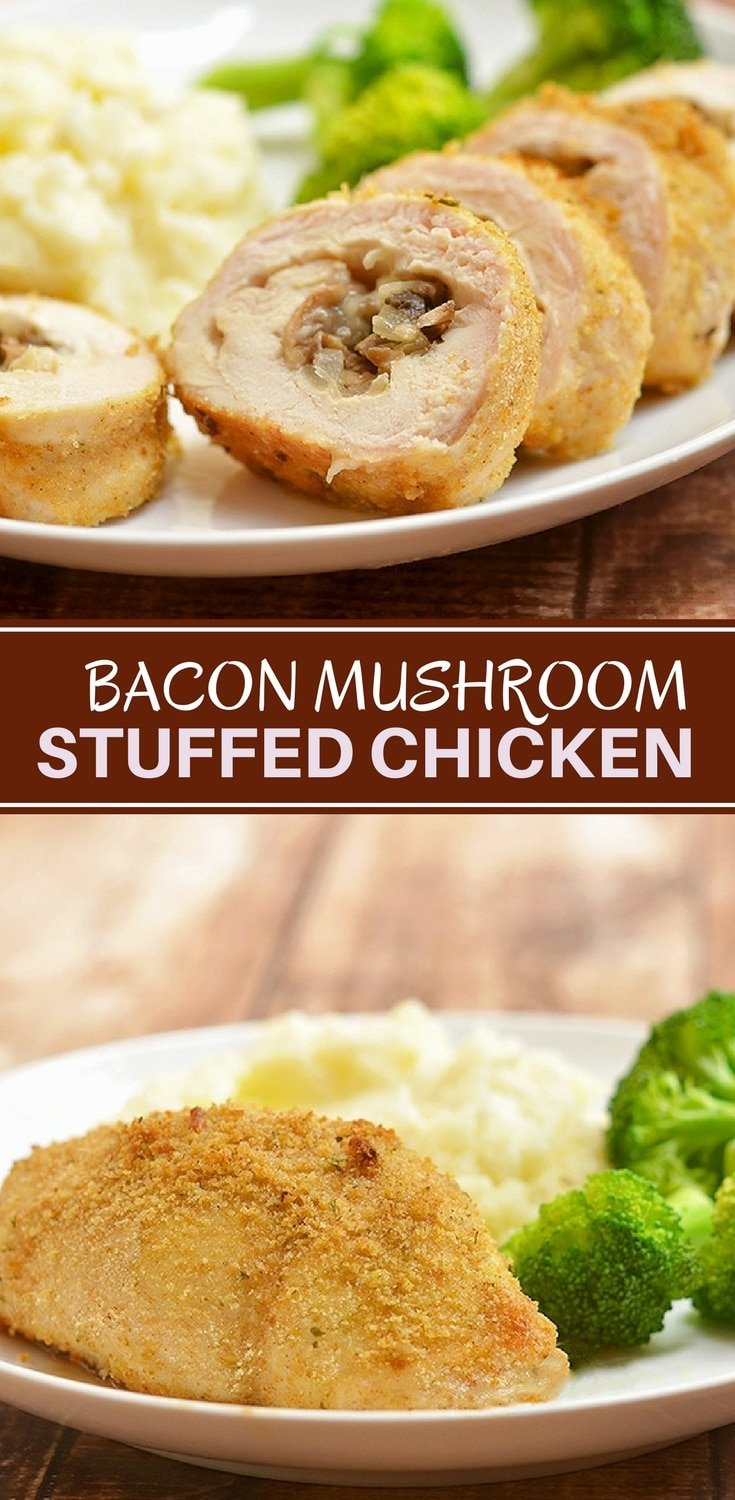 Bacon Mushroom Stuffed Chicken filled with crisp bacon bits, tender mushrooms, and gooey cheese. Moist and flavorful, it's easy enough to make for busy weeknight dinners yet fancy enough for company.