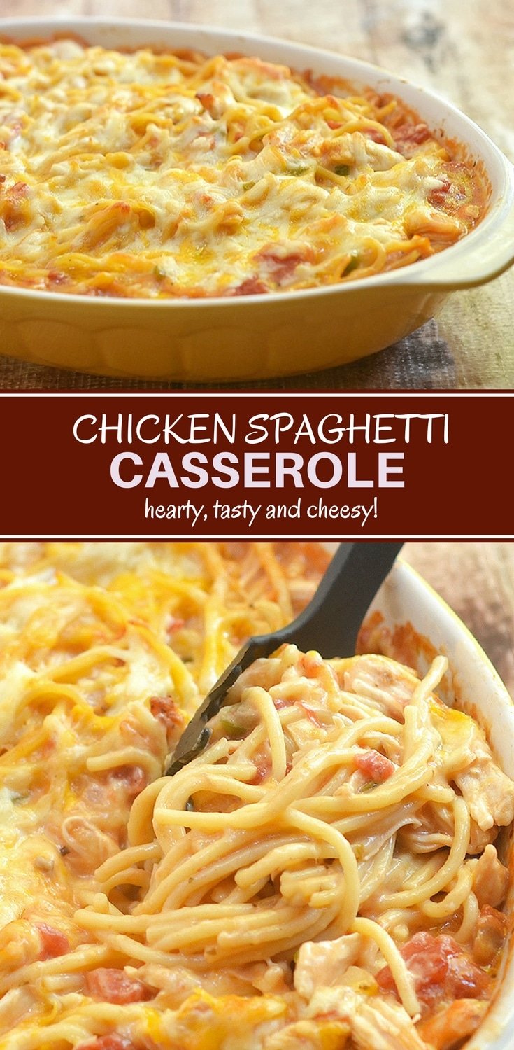 Chicken Spaghetti Casserole loaded with moist chicken, spaghetti noodles, and creamy tomato sauce is the epitome of comfort food. Cheesy, hearty and tasty, it's sure to be a family favorite!