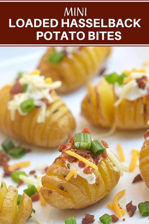 Mini Hasselback Potato Bites loaded with sour cream, crisp bacon, shredded cheese and green onions for a fun appetizer or side dish!