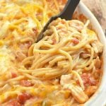 Chicken Spaghetti Casserole loaded with moist chicken, spaghetti noodles, and creamy tomato sauce is the epitome of comfort food. Cheesy, hearty and tasty, it's sure to be a family favorite!