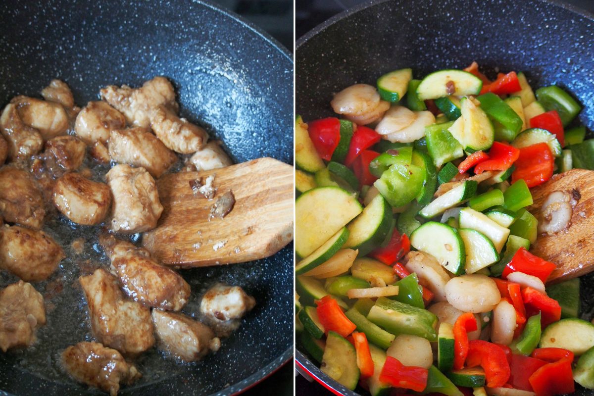 stir frying chicken and vegetables in a wok