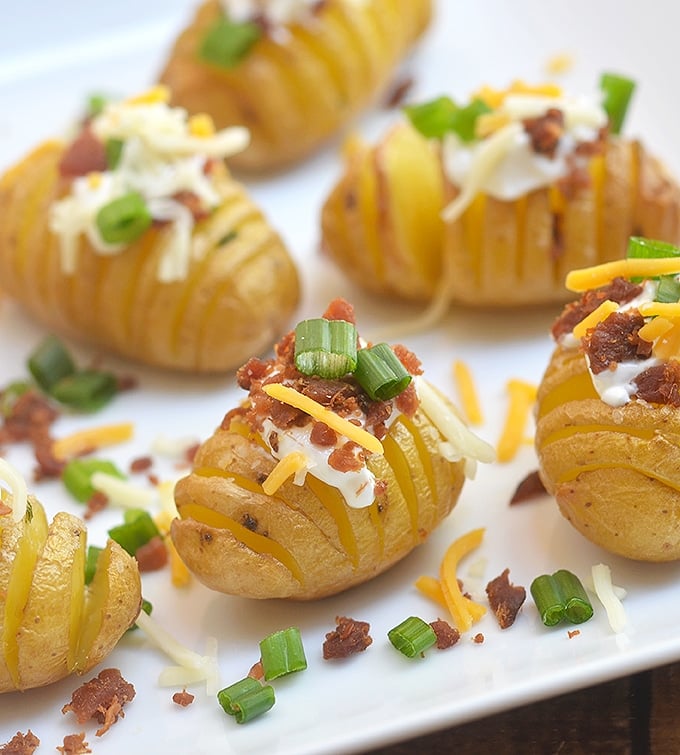 Mini Loaded Hasselback Potatoes turn baby yukon golds into a fun appetizer or side dish! Cut accordion-style, baked and then topped with sour cream, bacon, cheese, and green onions, they're absolutely addicting!