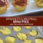 Mini Spaghetti Pie topped with marinara sauce and meatballs