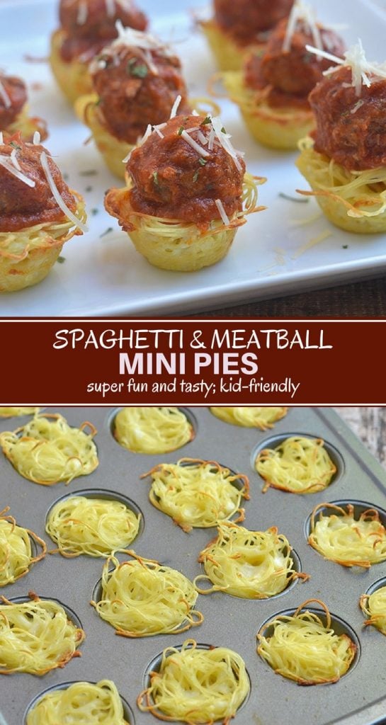 Mini Spaghetti Pie topped with marinara sauce and meatballs