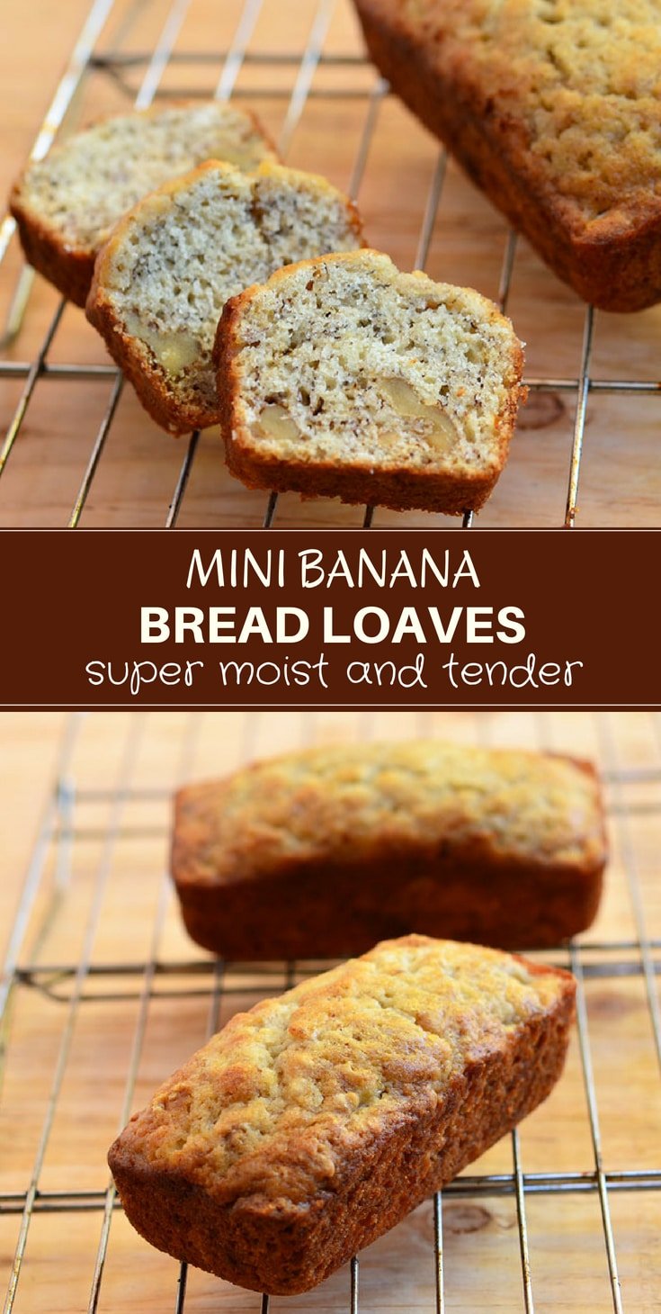 Mini Banana Bread Loaves are the perfect way to use up ripe bananas! With super moist, tender crumb generously studded with crunchy walnuts and loaded with banana flavor, they're fabulous for breakfast or midday snack. And they make great gifts, too!