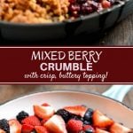 Mixed Berry Crumble baked in a blue enameled cast iron skillet