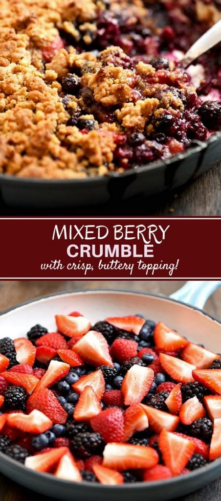 Mixed Berry Crumble baked in a blue enameled cast iron skillet