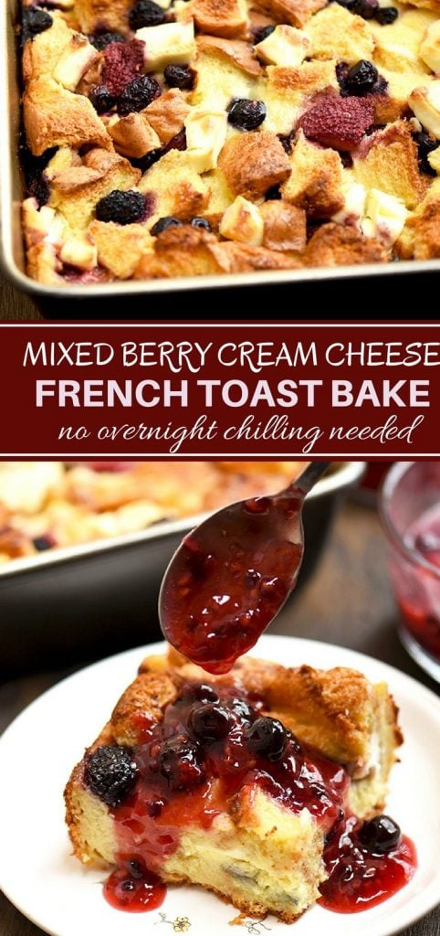 Mixed Berry French Toast Bake is easy to make and ready in an hour with no overnight chilling needed. With delicious pockets of berries and cream cheese, and topped with fruit sauce, it's perfect for breakfast or brunch.