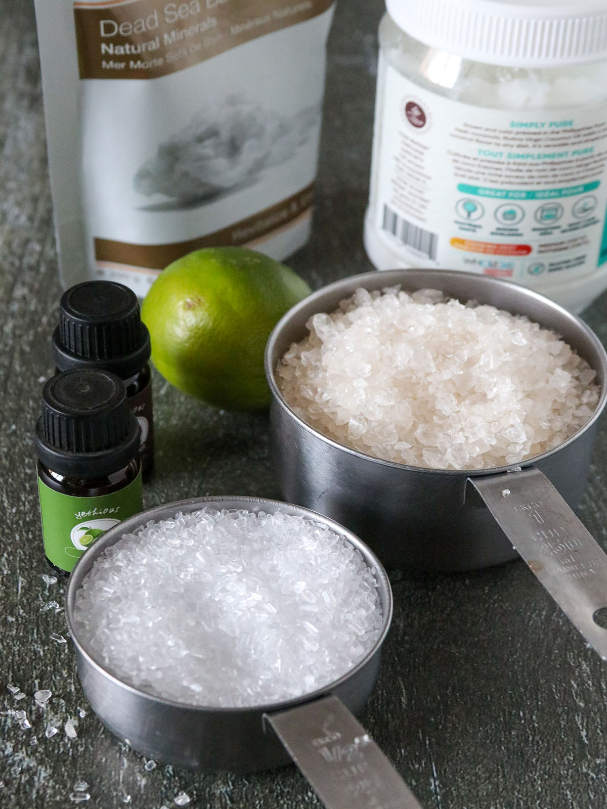 dead sea salt, epsom salt, coconut oil, essential oil, lime