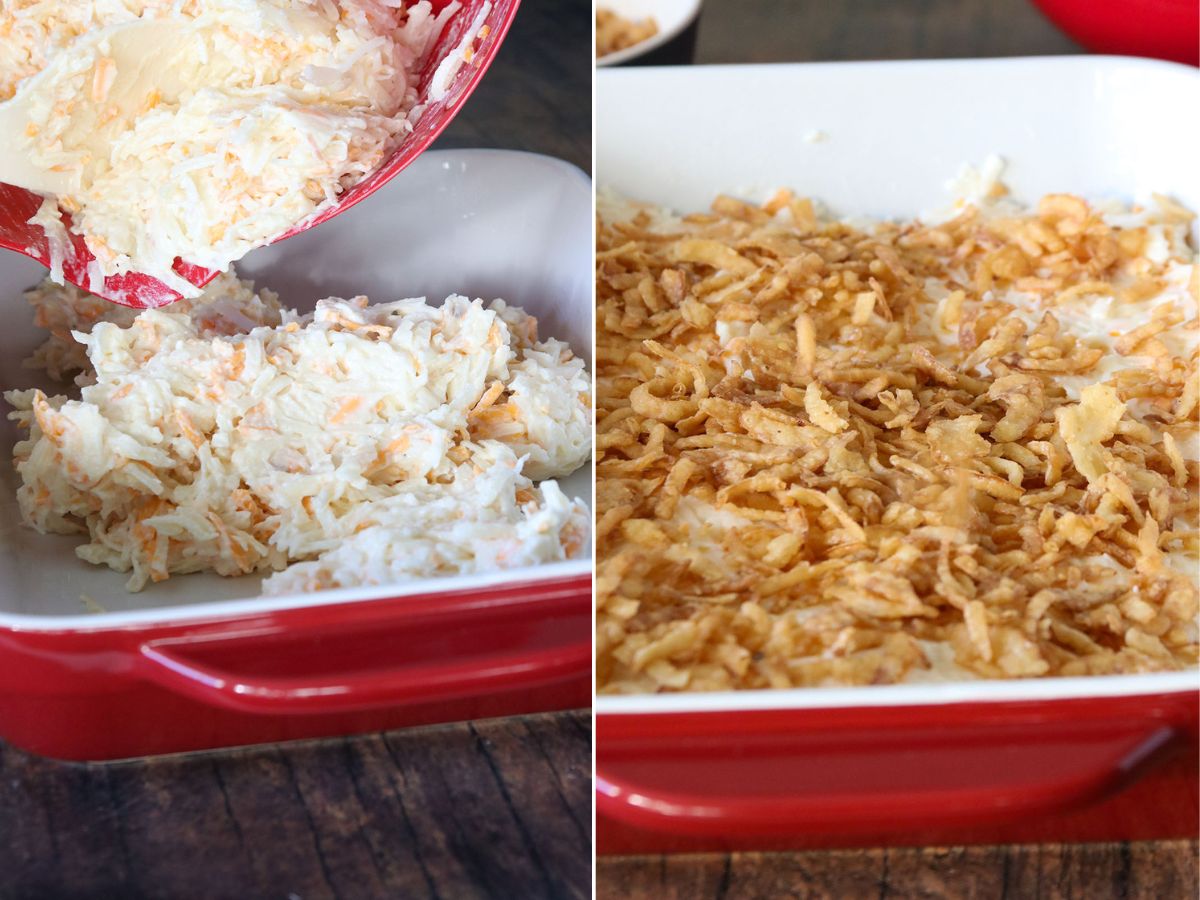 assembling party potatoes in a casserole with crispy onions for baking
