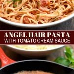 angel hair pasta tossed with chunky tomato cream sauce on white plate