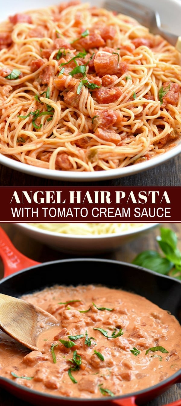 angel hair pasta tossed with chunky tomato cream sauce on white plate