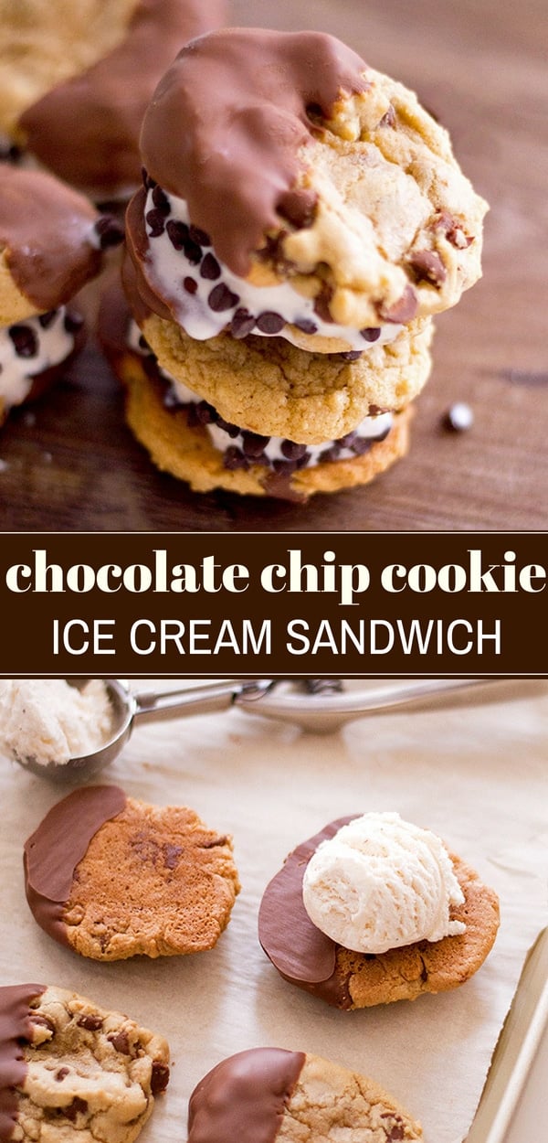 chocolate-dipped chocolate chip cookie ice cream sandwich