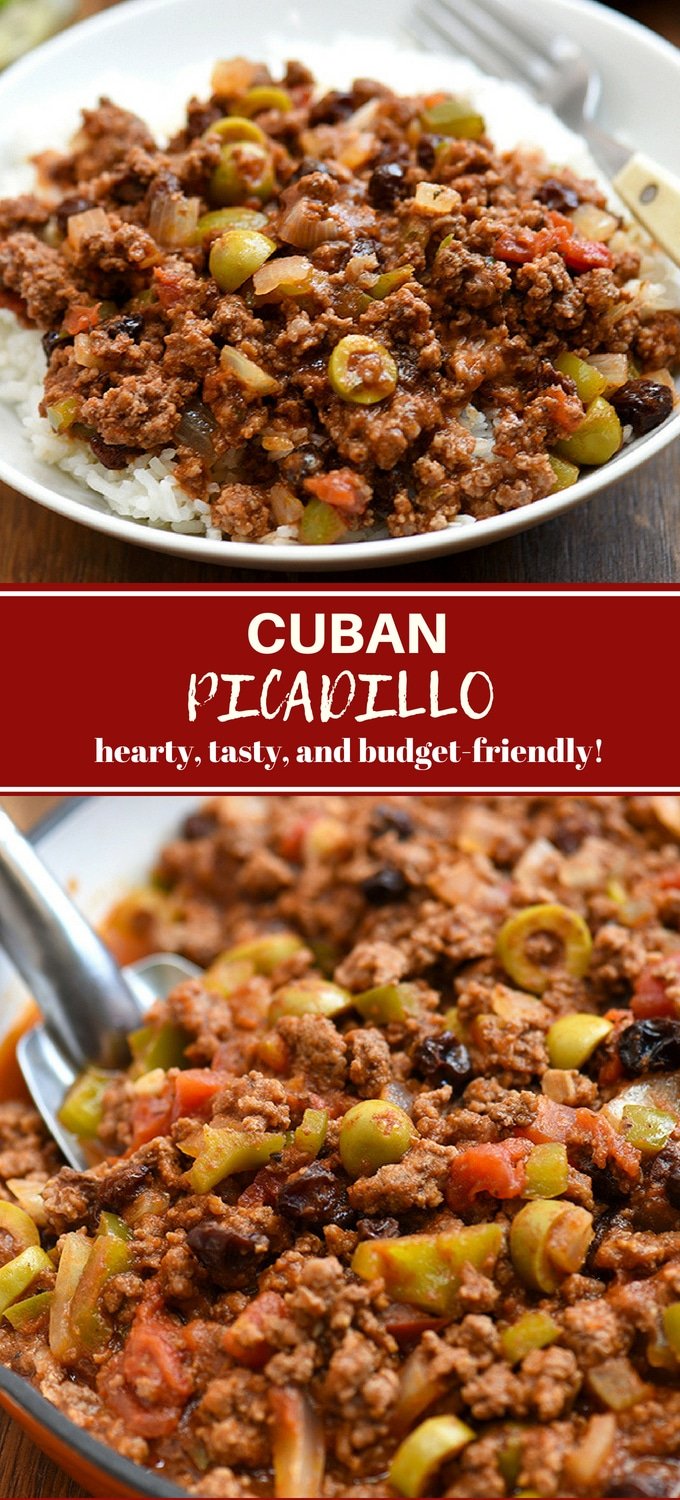 Cuban picadillo served in a orange skillet with a side of rice