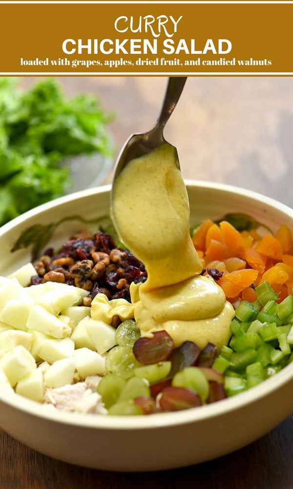 drizzling curry mayo dressing on chicken salad with apples, grapes, dried, fruit, celery, and walnuts