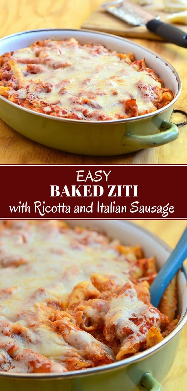 baked ziti with ricotta and Italian sausage in a casserole dish