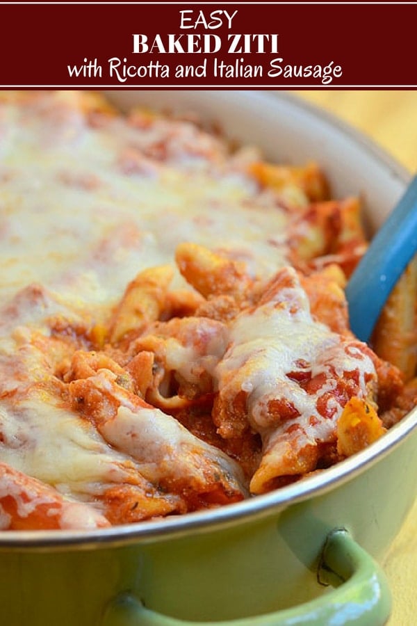 serving baked ziti wih a blue serving spoon for green casserole pan