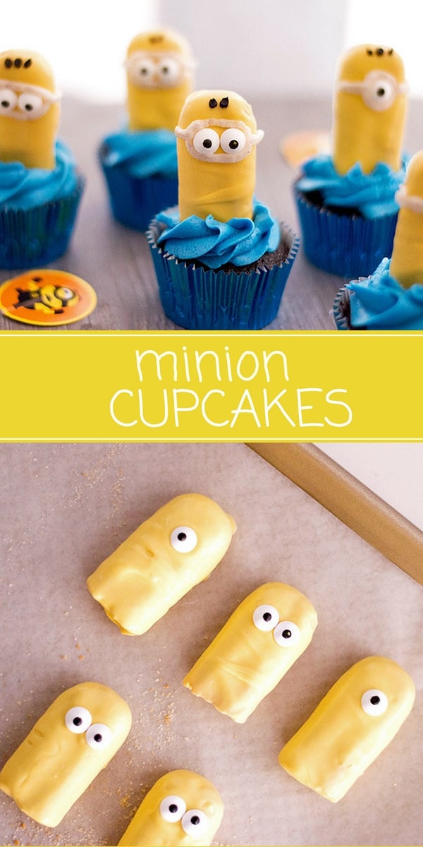 Minion Cupcakes with blue frosting and candy coated ladyfingers