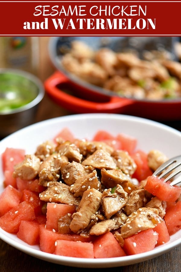 sesame chicken and watermelon served on a plate