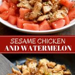 sesame chicken served over cubed watermelon