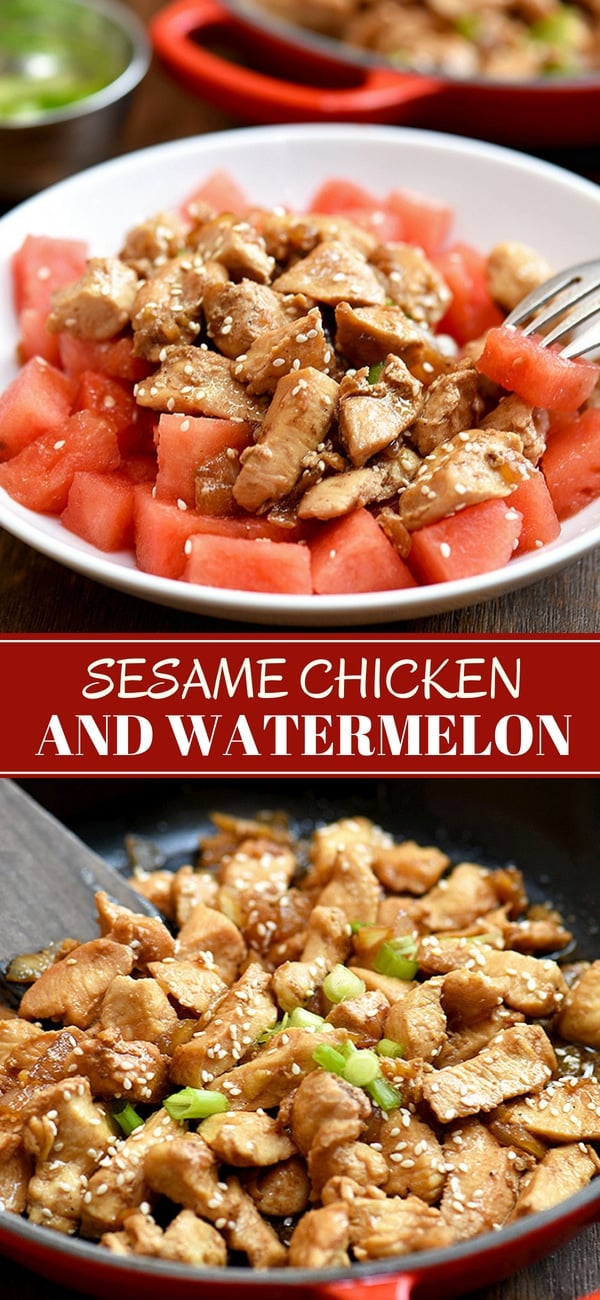 sesame chicken served over cubed watermelon