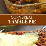 tamale pie in a casserole dish being scooped with serving spoon