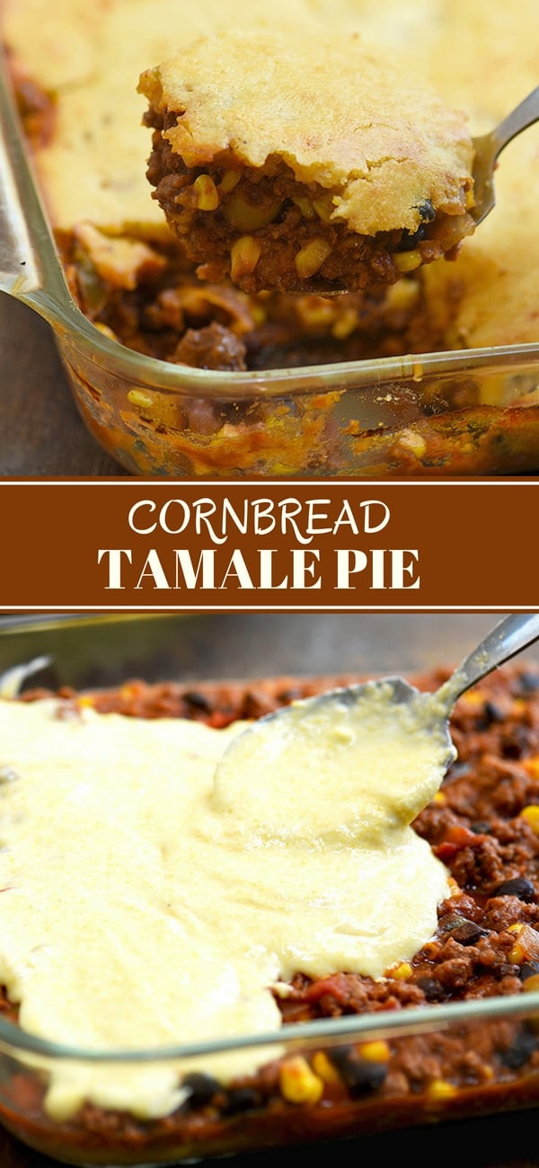 tamale pie in a casserole dish being scooped with serving spoon