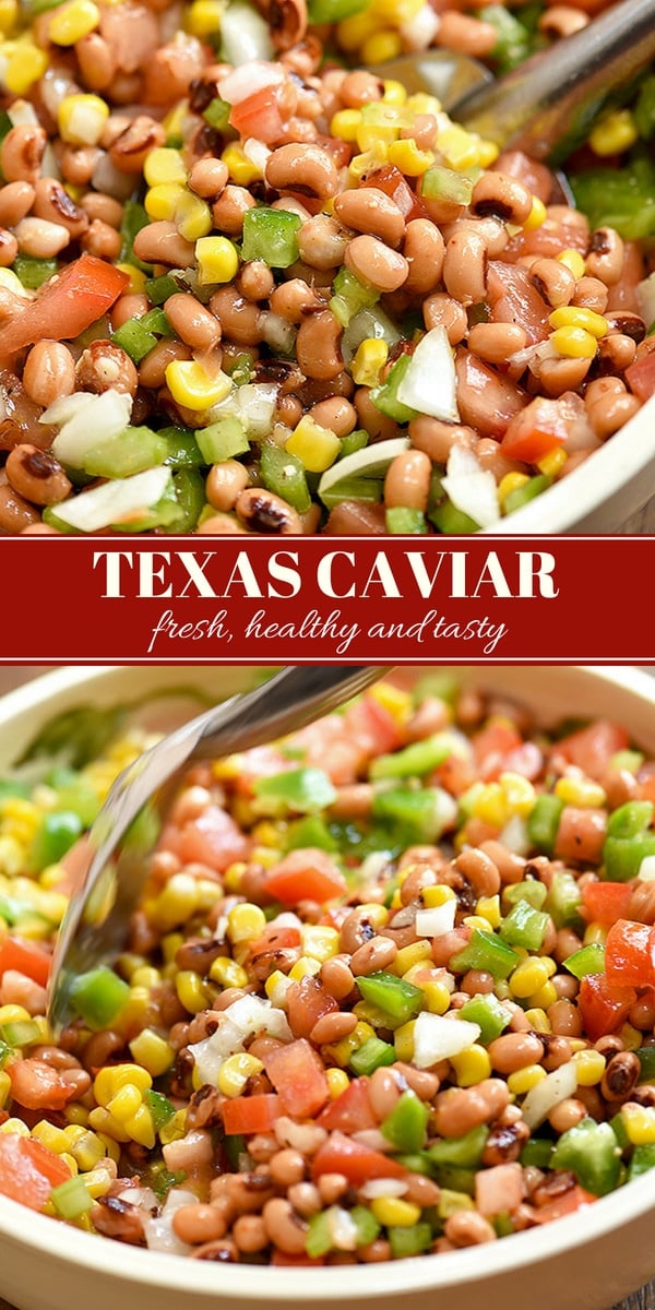 Texas Caviar dip with black-eyed peas, grilled corn, tomatoes, bell peppers, onions, jalapeno, and Italian dressing in a serving bowl