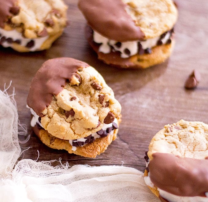 chocolate-dipped chocolate chip cookie ice cream sandwich