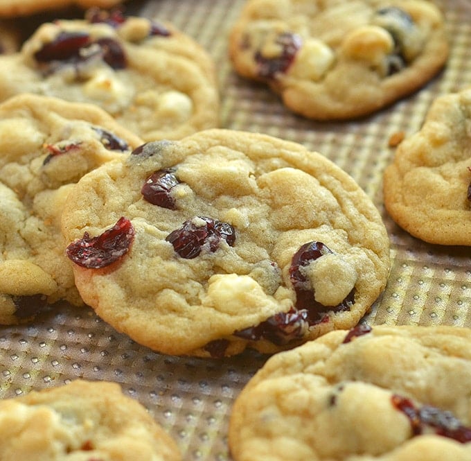 White Chocolate Cranberry Cookies on a baking sheet