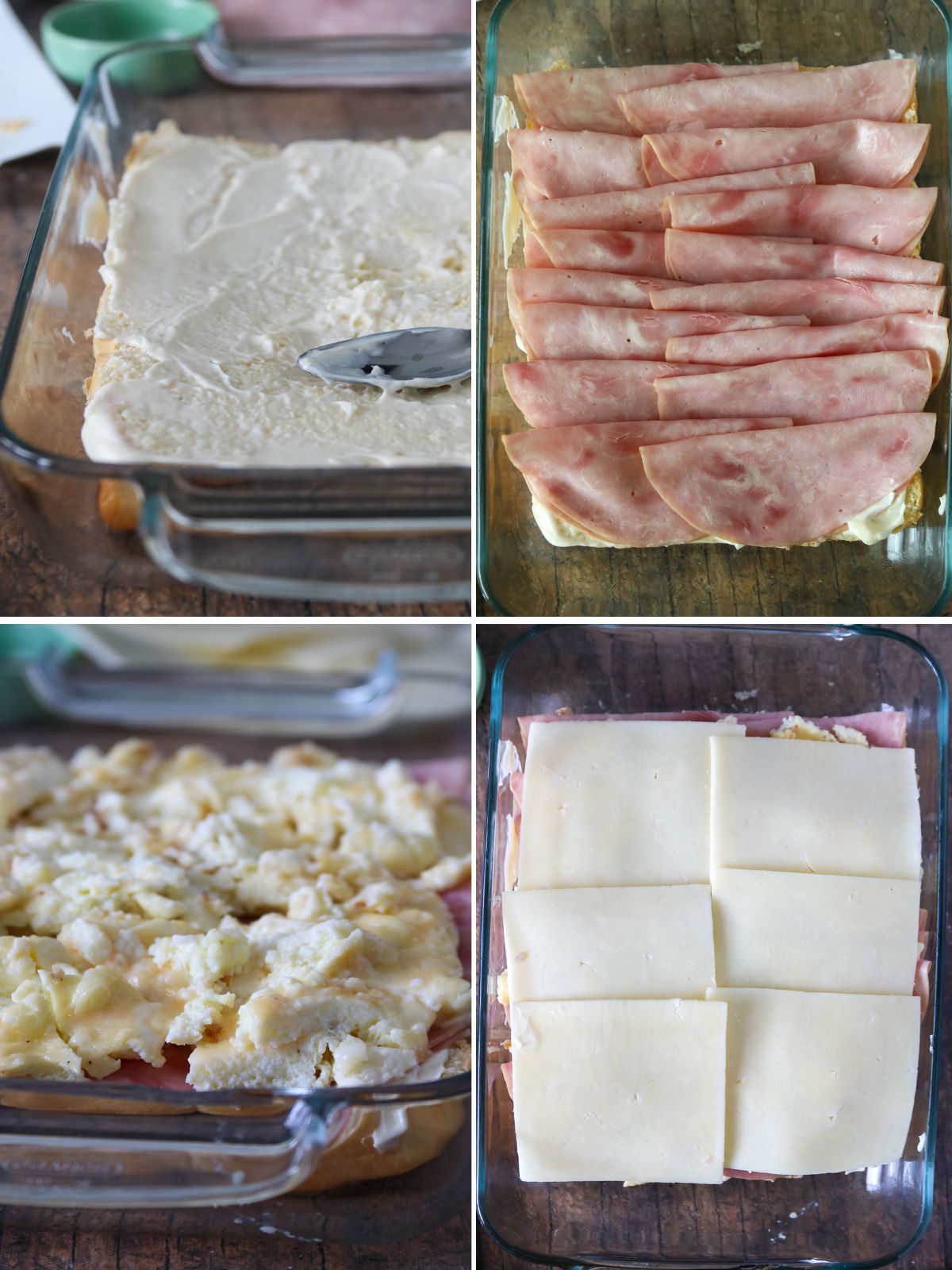 making ham and egg breakfast sliders in a baking dish