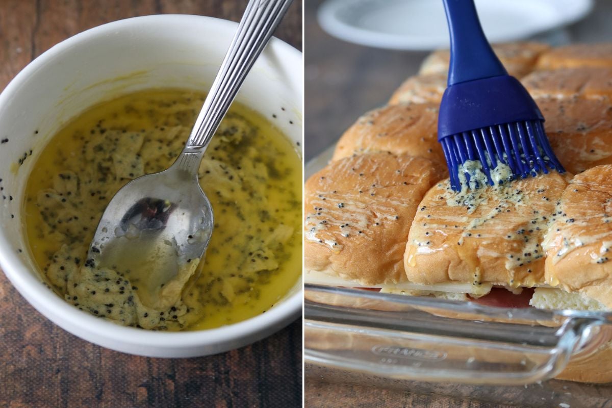 brushing sandwiches with mustard glaze