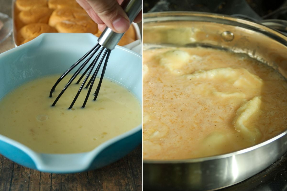 cooking scrambled eggs in a pan