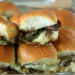 Philly Cheesesteak Sliders in a glass casserole dish.