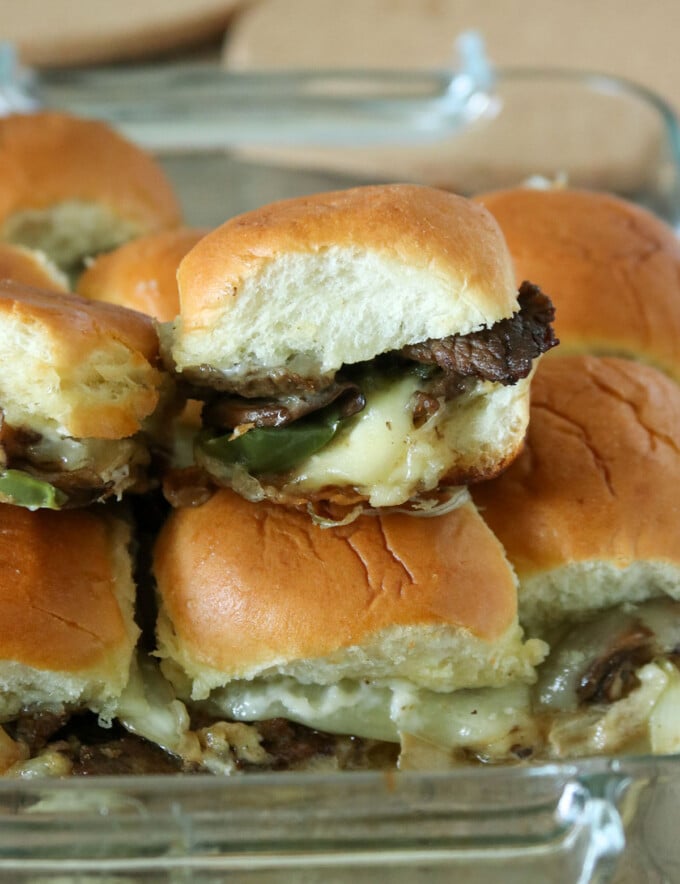 Philly Cheesesteak Sliders in a glass casserole dish.