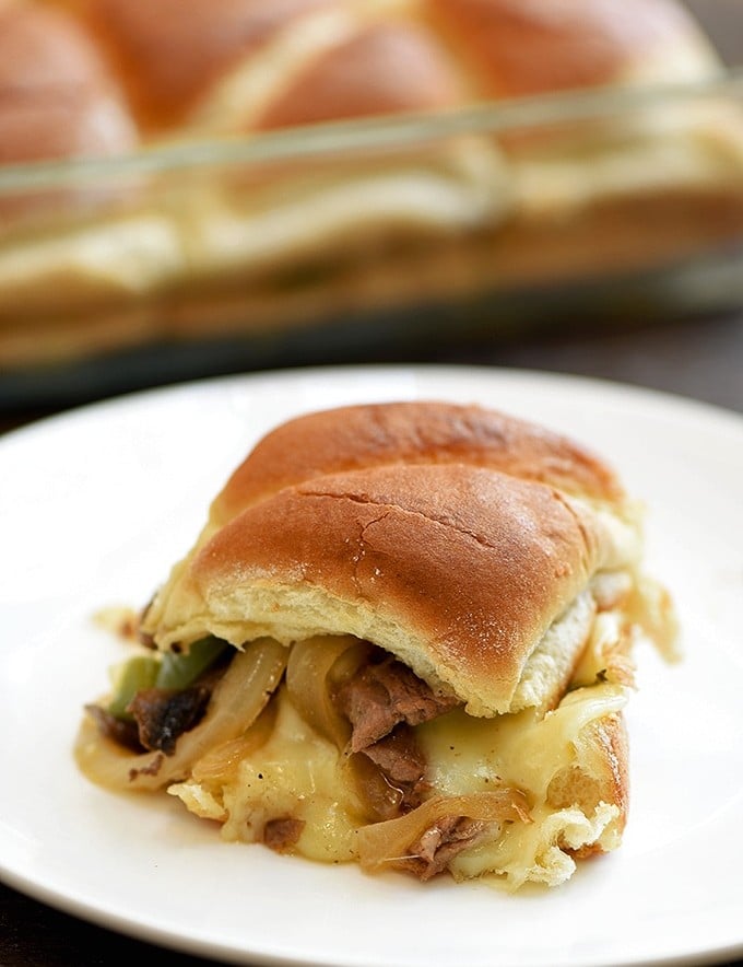 Philly Cheesesteak Sliders on white plate