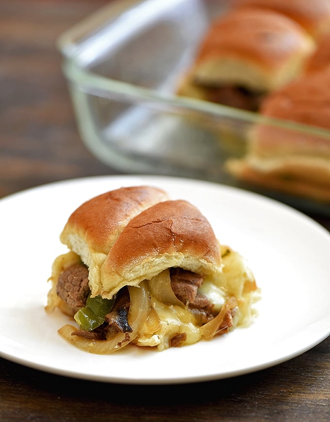 homemade philly cheesesteak on a white plate