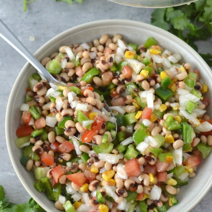 Texas Caviar Dip in a white serving bowl.