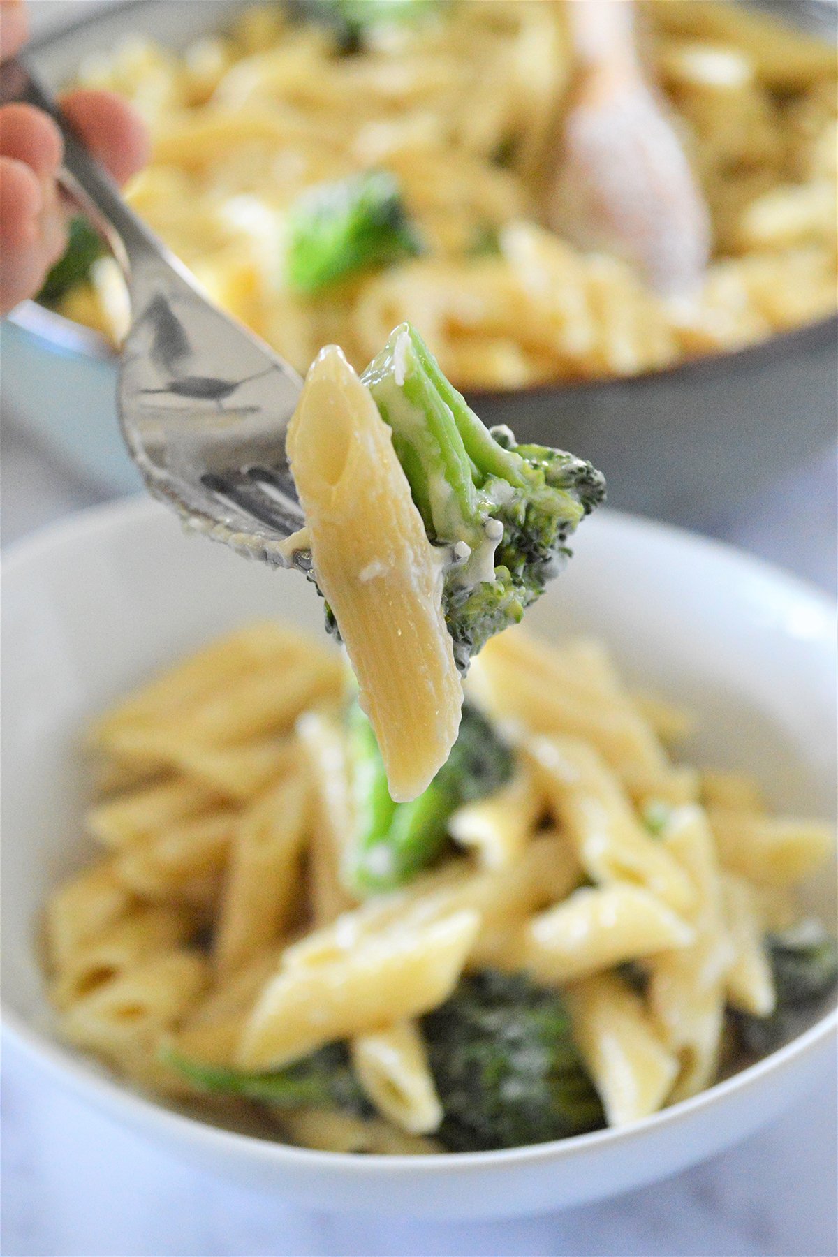 eating pasta alfredo with fork from a bowl