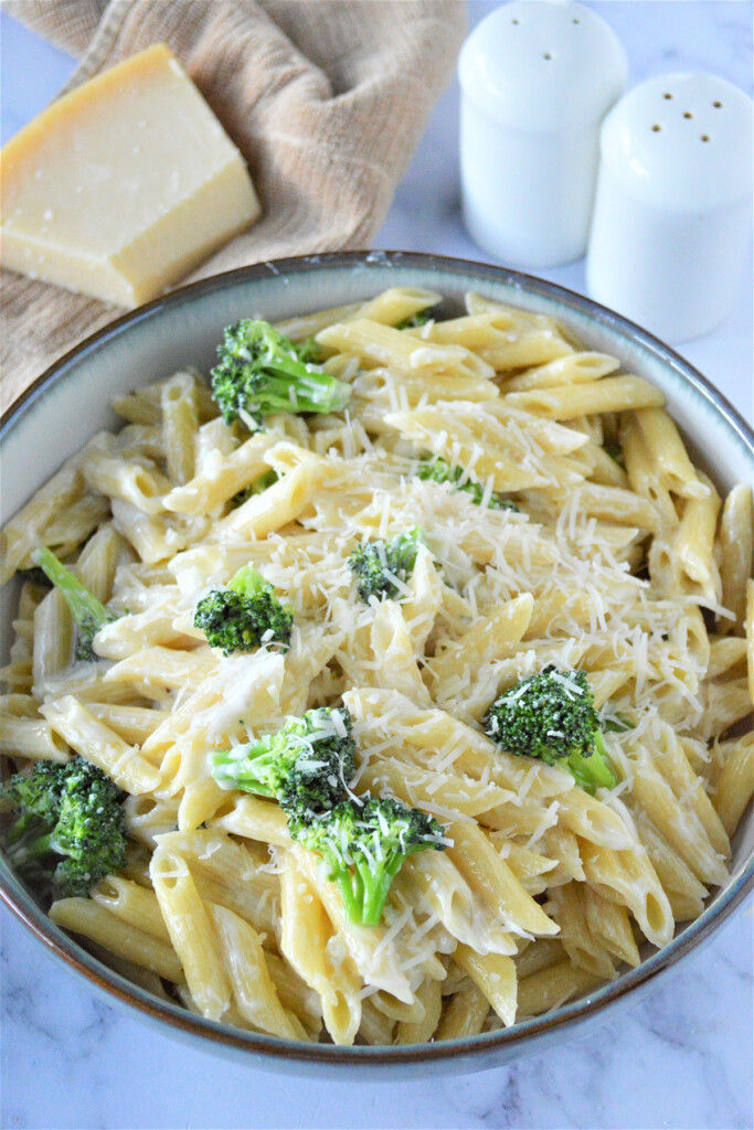 Penne Alfredo with Broccoli Onion Rings and Things