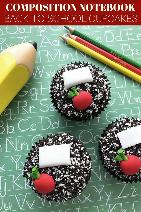 Composition Notebook-inspired Back-to-School Cupcakes and pencils on scrapbooking paper