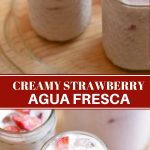 strawberry aqua fresca with milk in clear serving glasses and pitcher