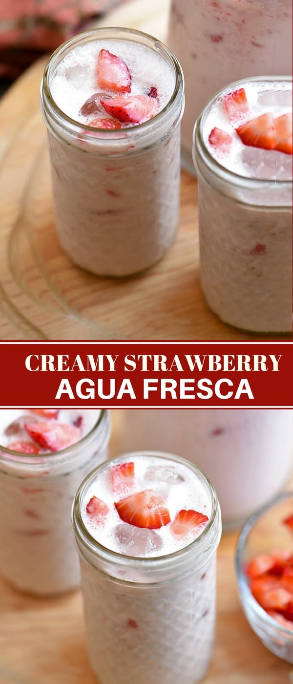 strawberry aqua fresca with milk in clear serving glasses and pitcher