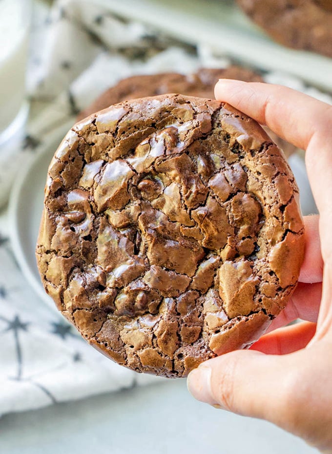 hand holding flourless chocolate fudge cookies