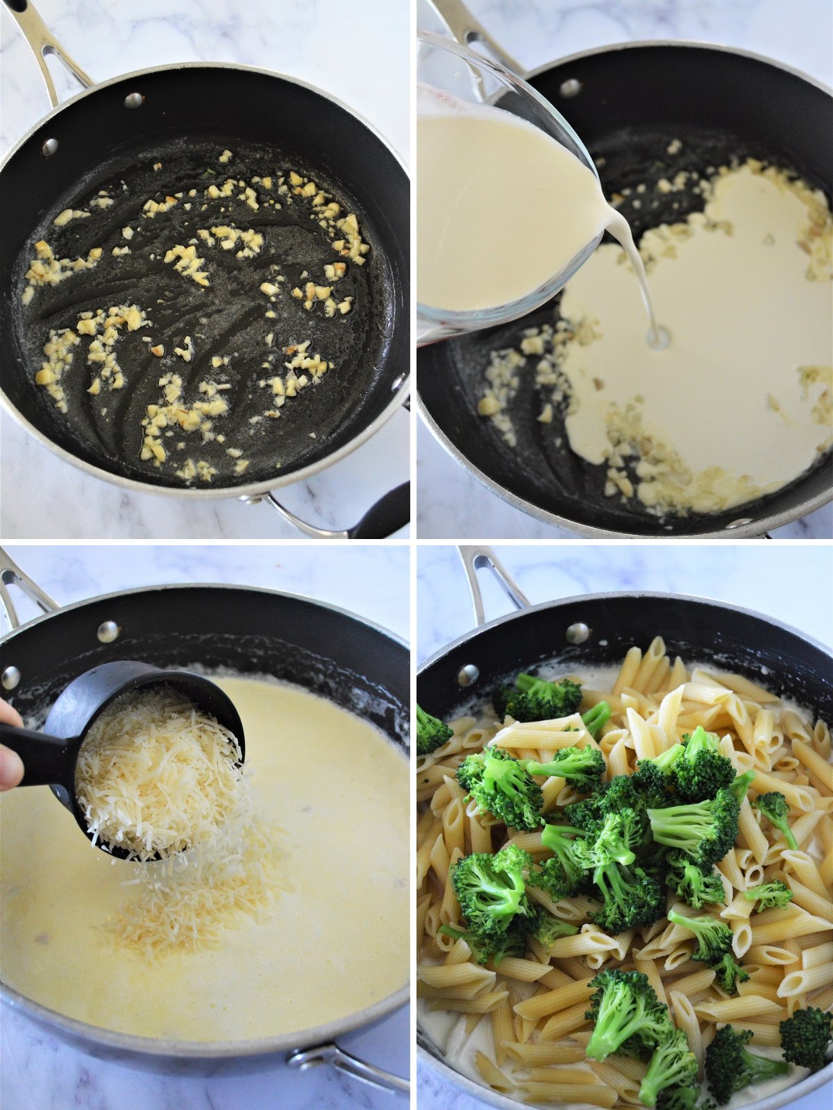 making pasta alfredo with broccoli in a pan