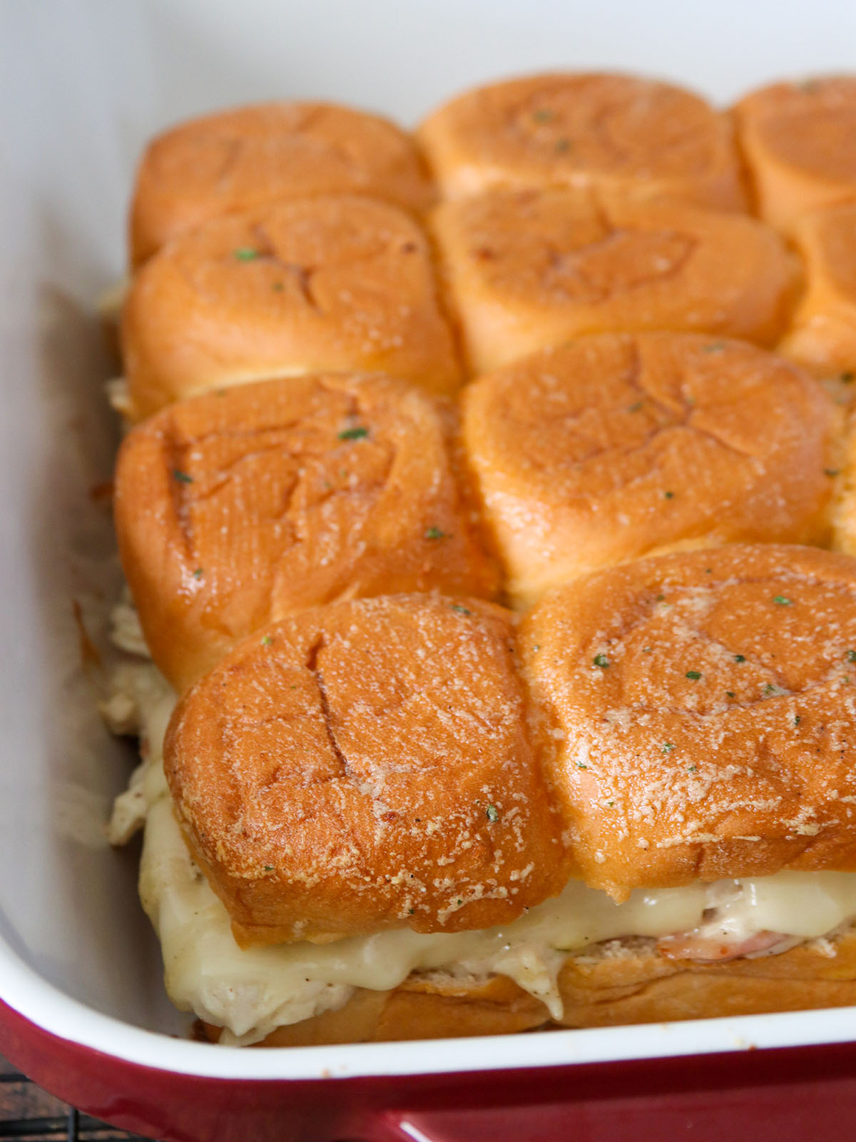 chicken bacon ranch slider sandwiches baked in a pan
