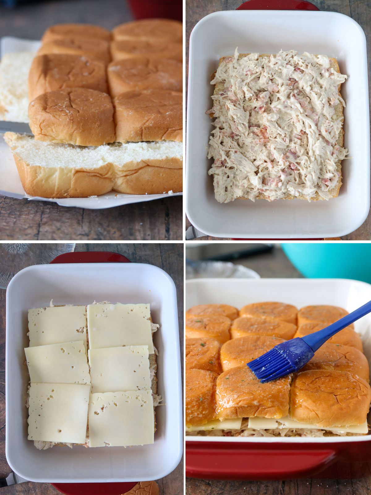 assembling chicken bacon ranch sliders in a baking dish