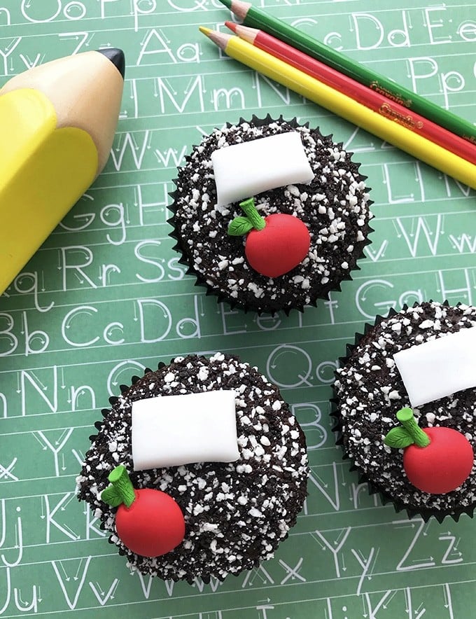 Composition Notebook-inspired Back-to-School Cupcakes and pencils on scrapbooking paper