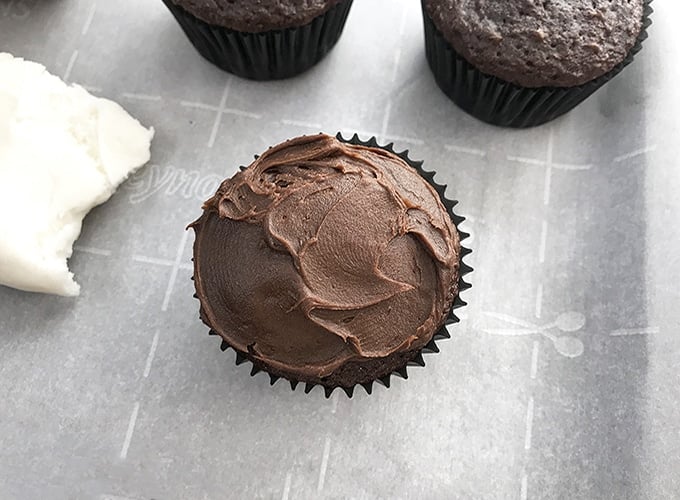 chocolate cupcakes frosted with chocolate frosting