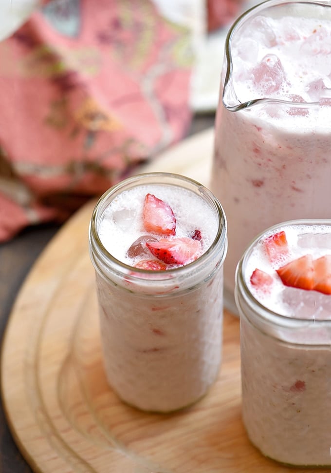 Mexican strawberry drink with milk in glasses